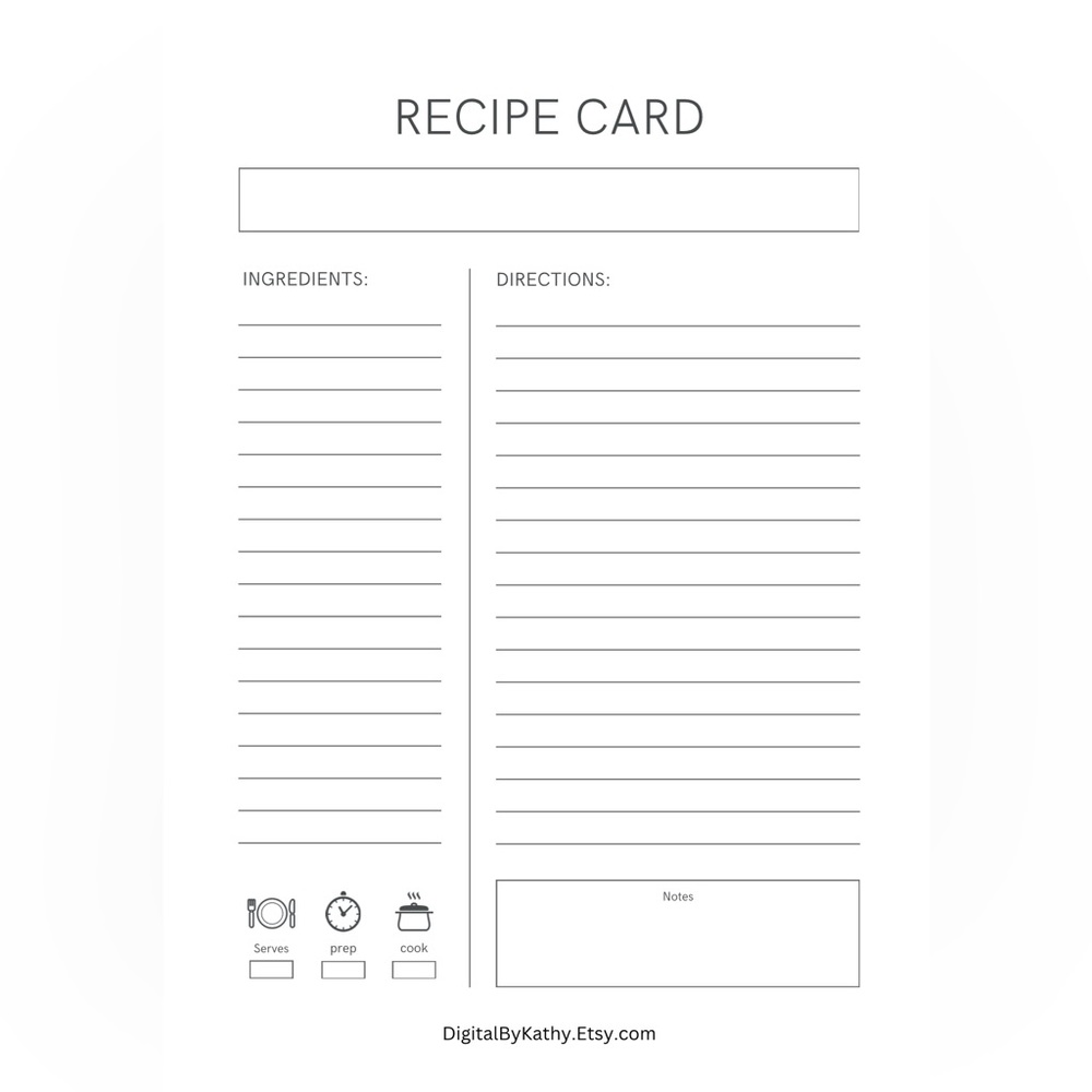 $3.00, PRINTABLE, Minimalist Recipe Card, Letter/A5/A4